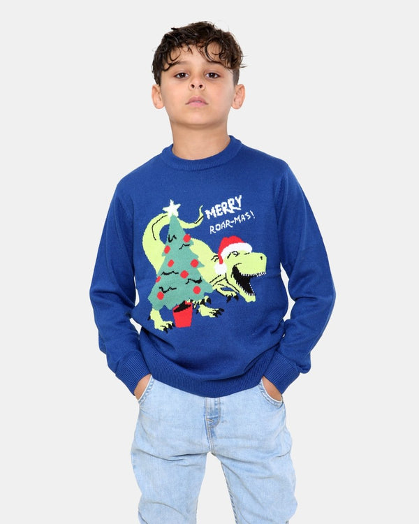 Noroze Dino Roar Navy Kids Christmas Jumper