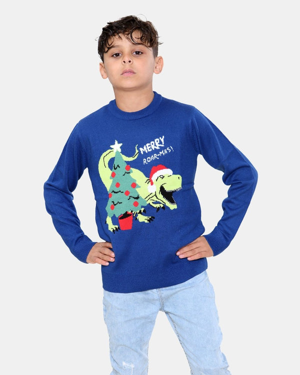 noroze Dino Roar Navy Kids Christmas Jumper