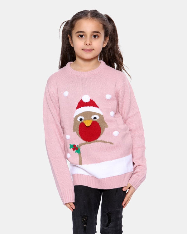 noroze Girls Bird Pink Christmas Jumper
