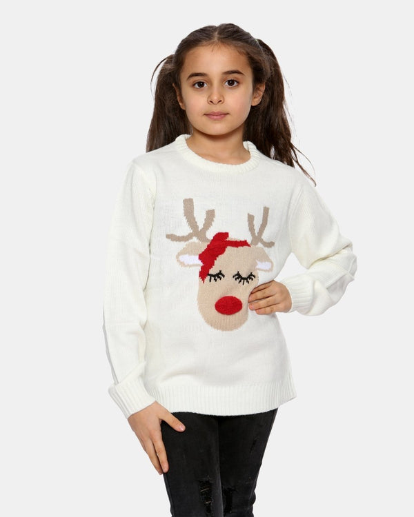 noroze Girls Reindeer Beige Christmas Jumper