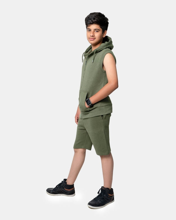 Noroze Khaki Boys Gilet Sleeveless Hoodie