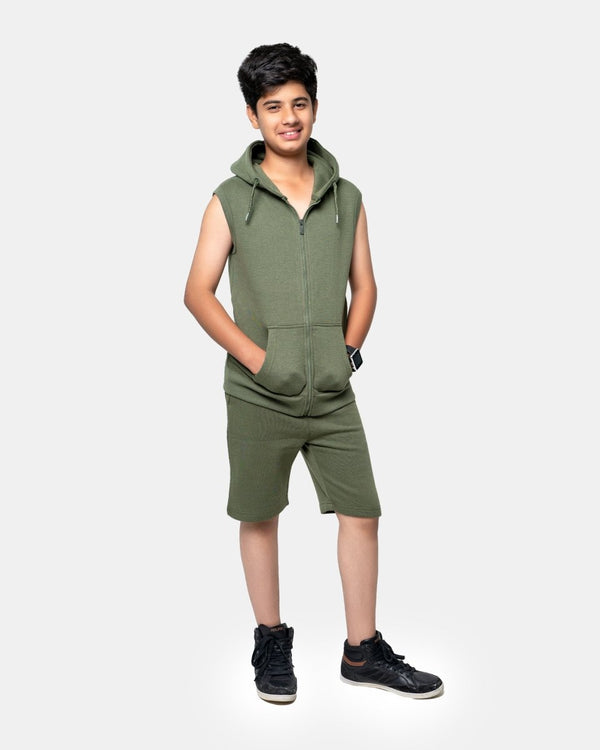 Noroze Khaki Boys Gilet Sleeveless Hoodie
