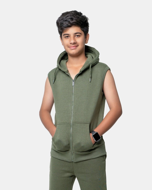 noroze Khaki Boys Gilet Sleeveless Hoodie