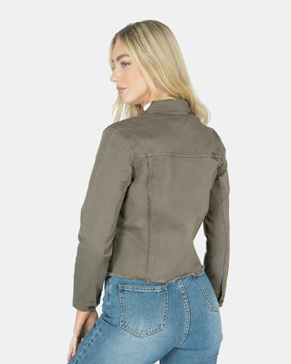 Noroze Khaki Distressed Hem Denim Jacket
