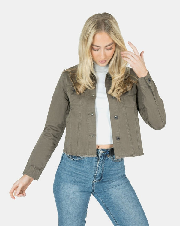 Noroze Khaki Distressed Hem Denim Jacket