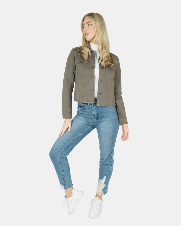Noroze Khaki Distressed Hem Denim Jacket