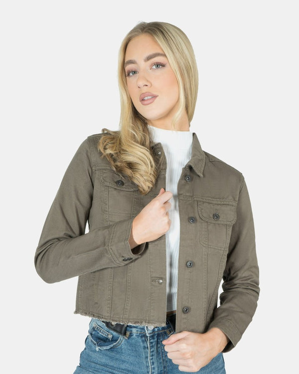 noroze Khaki Distressed Hem Denim Jacket