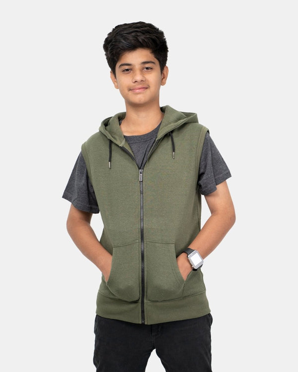 noroze Khaki Kid's Sleeveless Casual Hoodie