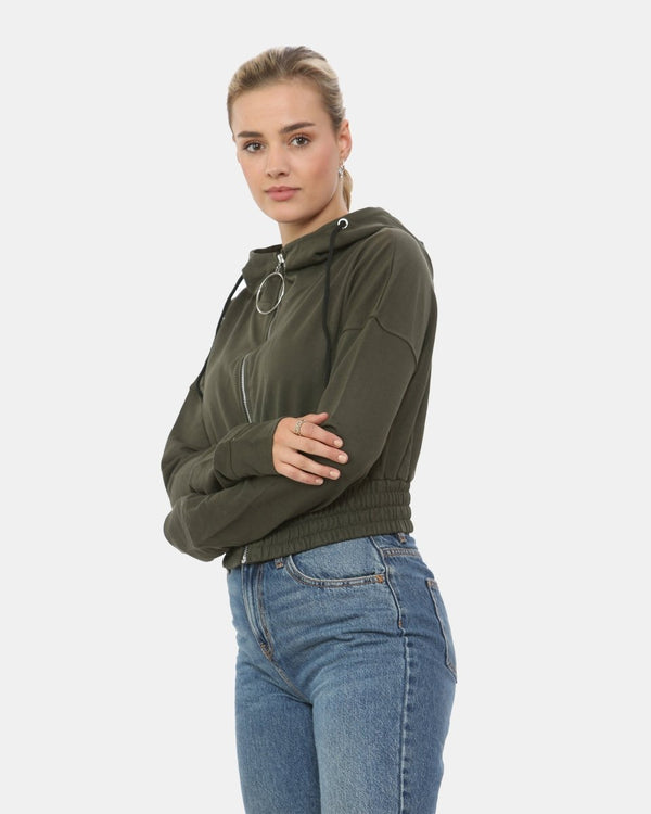 Noroze Khaki Ladies Zip-Crop Hoodie