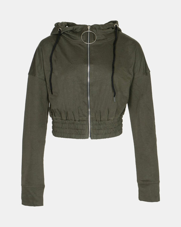 Noroze Khaki Ladies Zip-Crop Hoodie