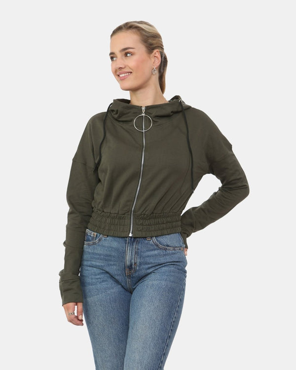 noroze Khaki Ladies Zip-Crop Hoodie