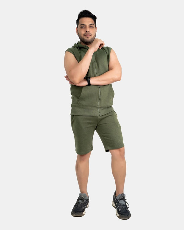 Noroze Khaki Mens S-Less Short Tracksuit Set