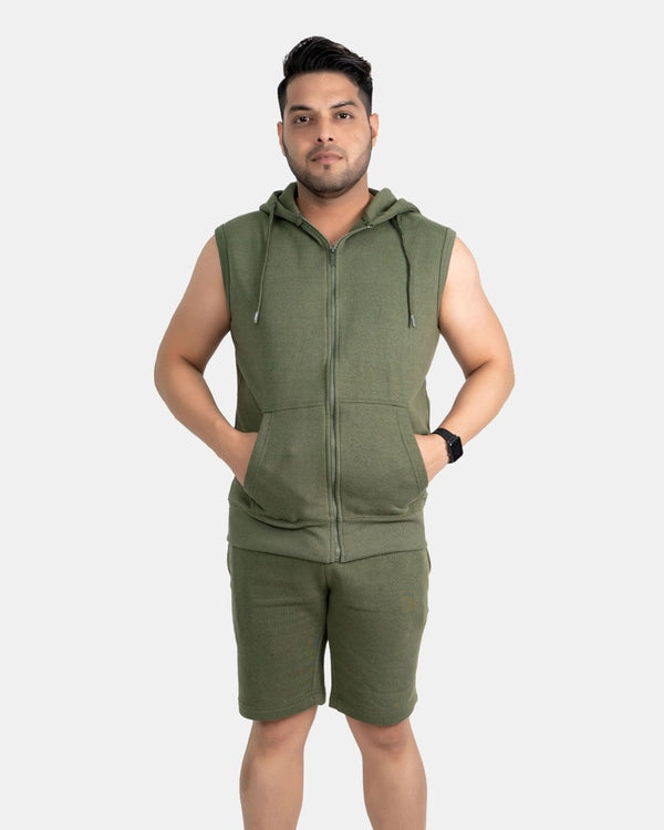 noroze Khaki Mens S-Less Short Tracksuit Set