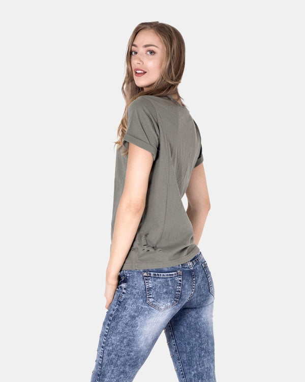 Noroze Khaki Ripped Holes Rounded Neck T-Shirt