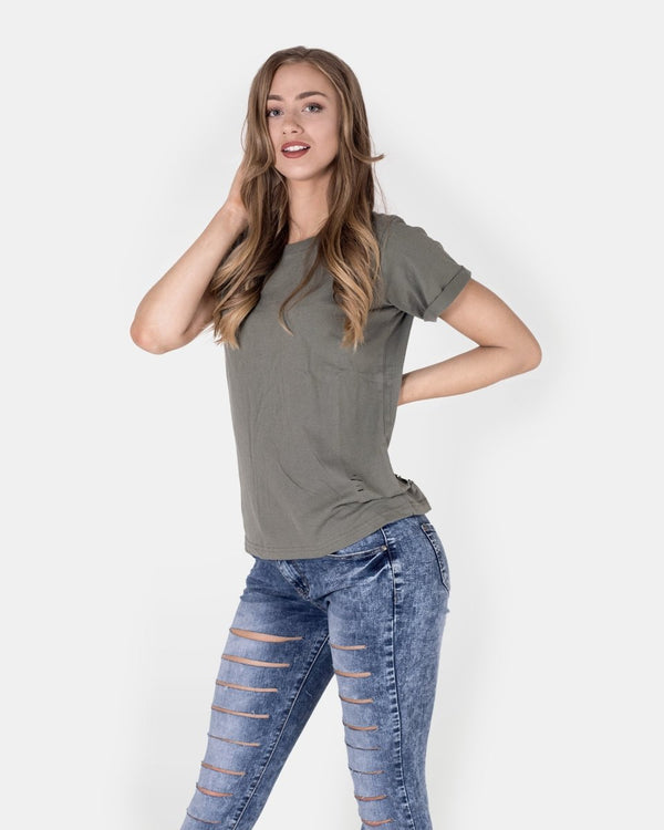 Noroze Khaki Ripped Holes Rounded Neck T-Shirt