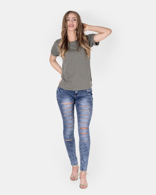 Noroze Khaki Ripped Holes Rounded Neck T-Shirt