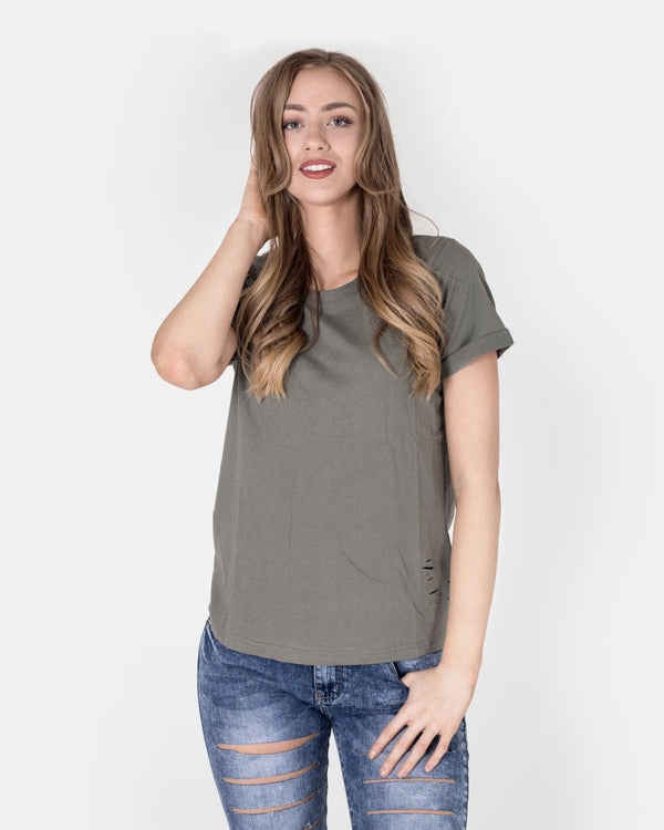 noroze Khaki Ripped Holes Rounded Neck T-Shirt