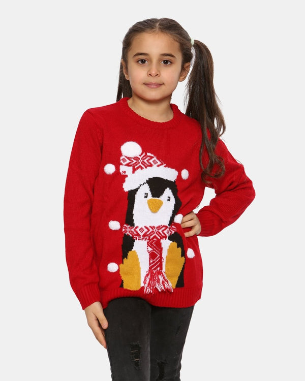 noroze Kids Penguin Red Retro Christmas Jumper