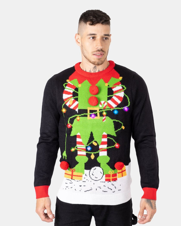 noroze Men Elf Light Plug Black Christmas Jumper