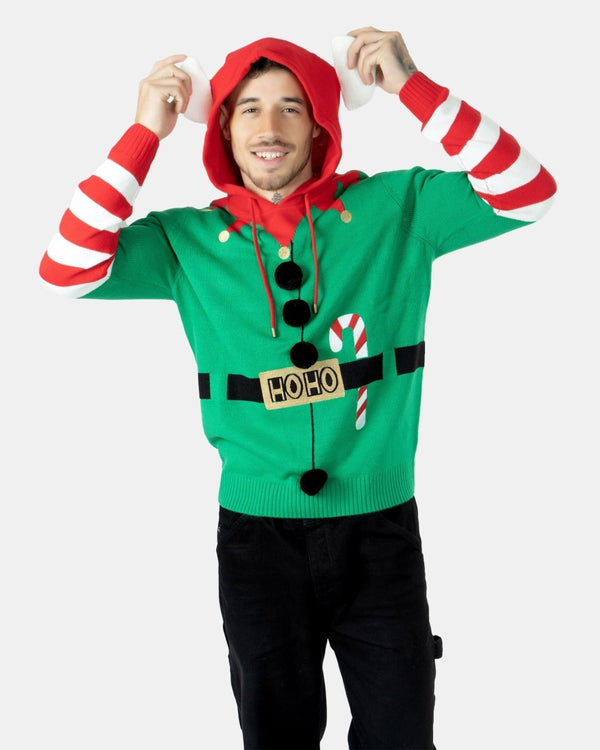 Noroze Mens Elf Candy Cane Green C-Jumper