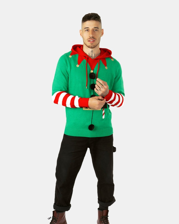 Noroze Mens Elf Candy Cane Green C-Jumper