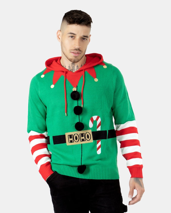 noroze Mens Elf Candy Cane Green C-Jumper