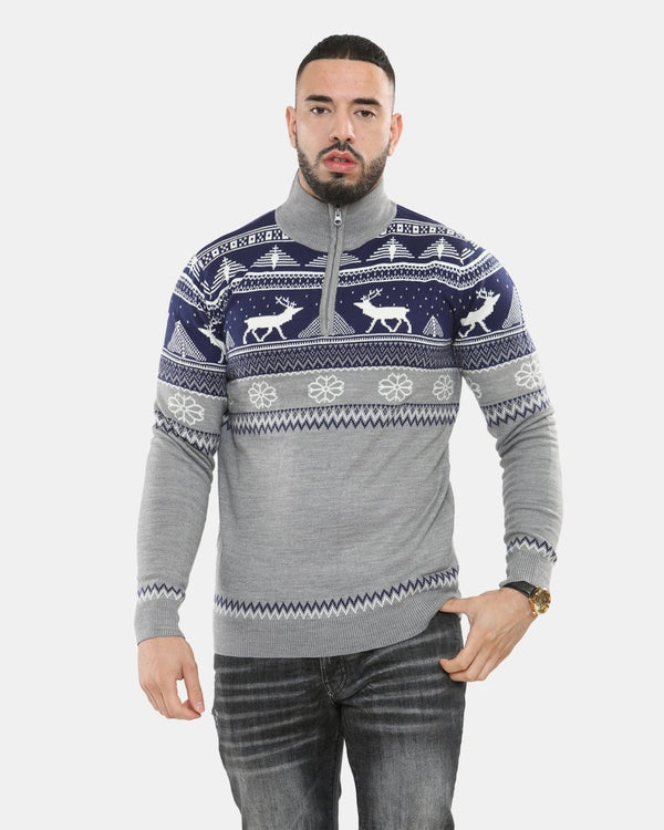 noroze Mens Mock Zip Navy Christmas Jumper