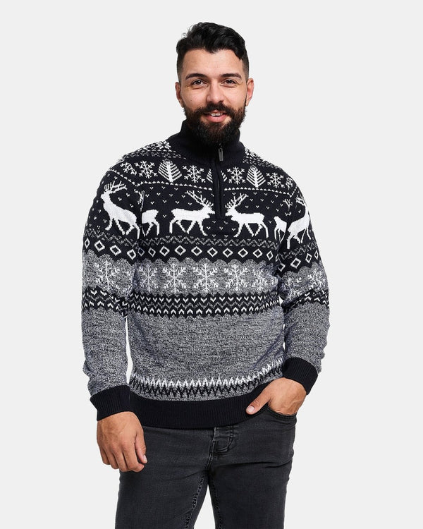 Noroze Mens Reindeer MockZip Black Xmas Jumper