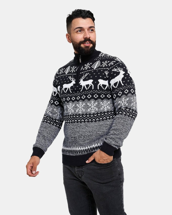 Noroze Mens Reindeer MockZip Black Xmas Jumper