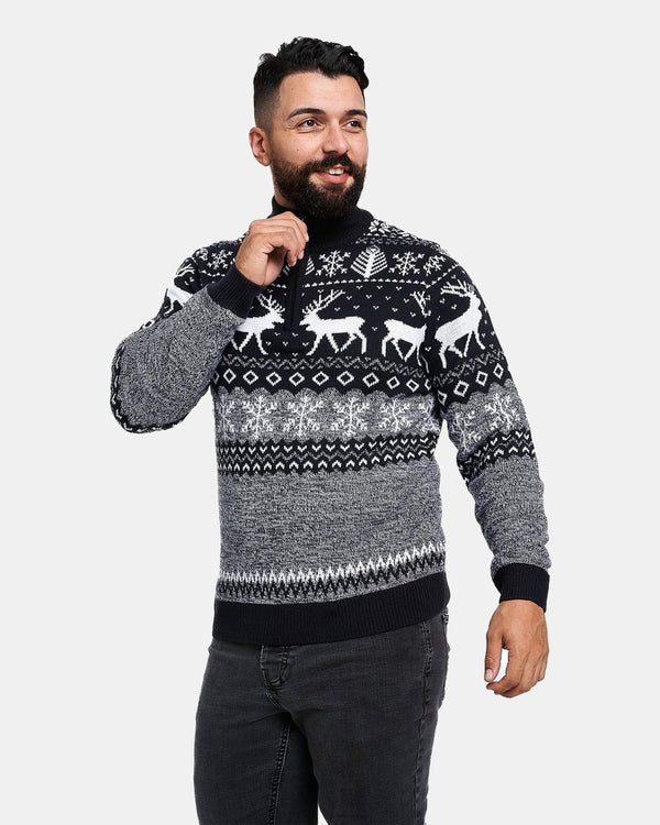 Noroze Mens Reindeer MockZip Black Xmas Jumper