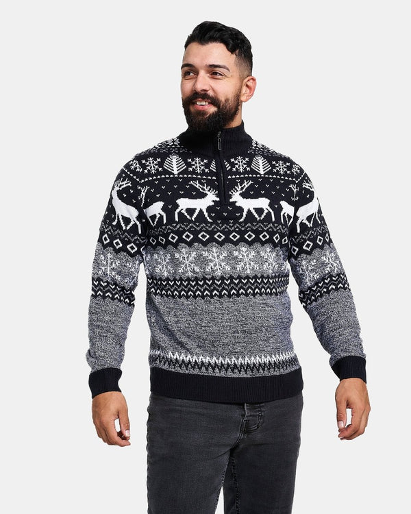 noroze Mens Reindeer MockZip Black Xmas Jumper