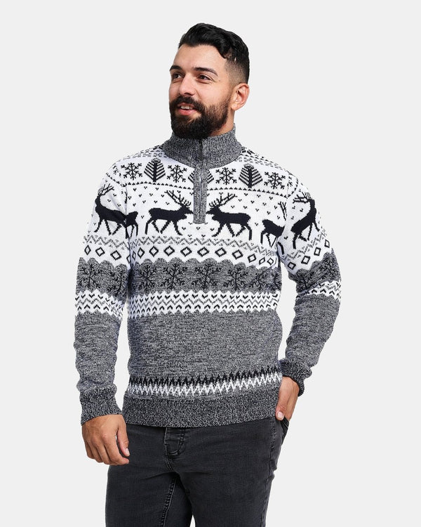 Noroze Mens Reindeer MockZip Cream Xmas Jumper