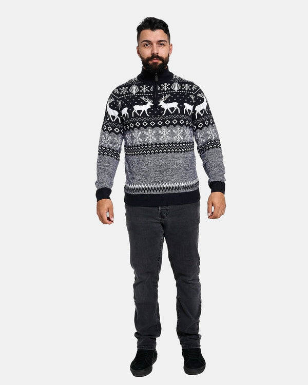 Noroze Mens Reindeer MockZip Cream Xmas Jumper