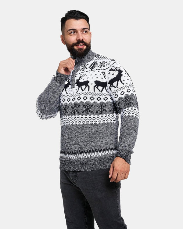 noroze Mens Reindeer MockZip Cream Xmas Jumper