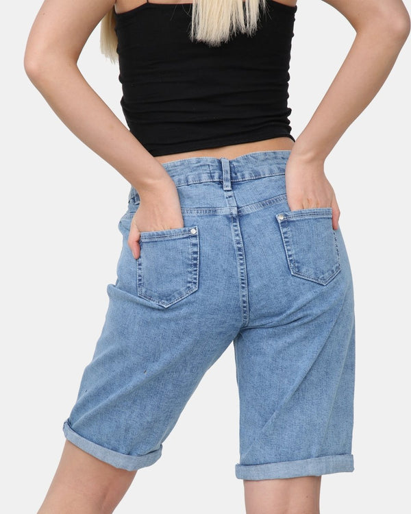 Noroze Mid Blue Denim Stretchy Bermuda Shorts