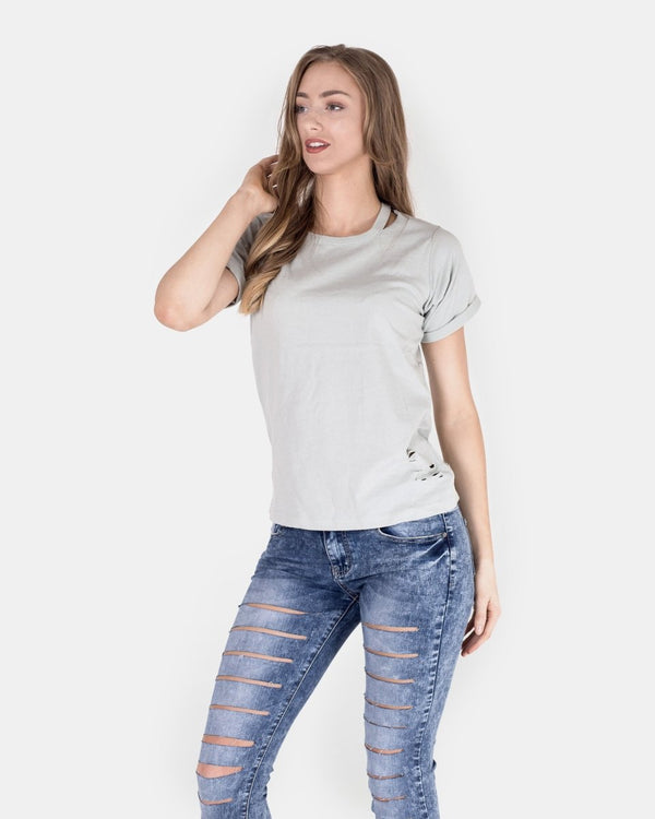 Noroze Mint Ripped Holes Rounded Neck T-Shirt