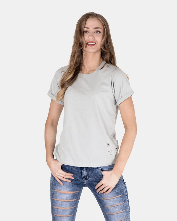 noroze Mint Ripped Holes Rounded Neck T-Shirt