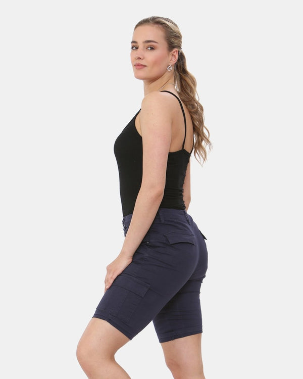 Noroze Navy Turned Hem Bengaline Casual Shorts
