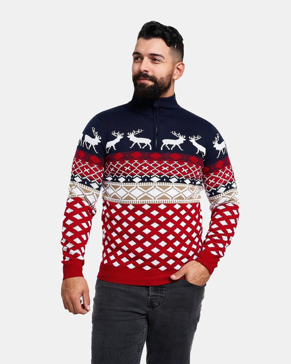 noroze Navy Zip Neck Chunky Knit Christmas Jumper