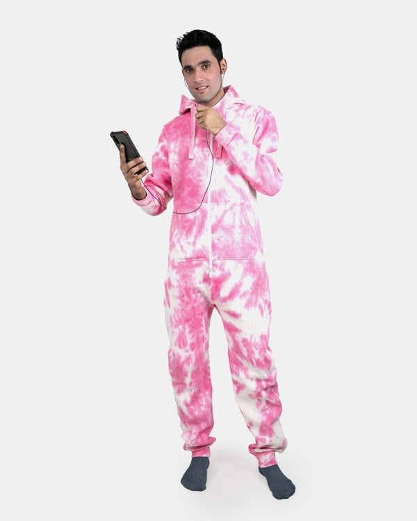 Noroze Pink Men's Fleece Tie-Dye Onesie