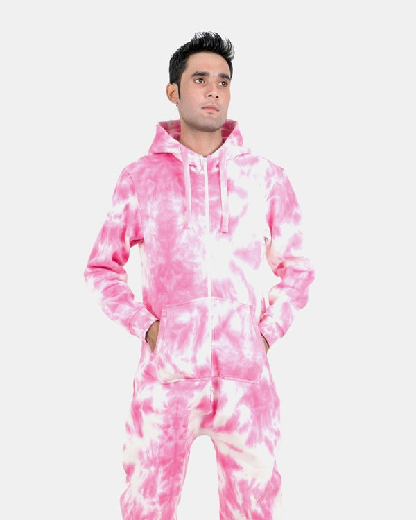 noroze Pink Men's Fleece Tie-Dye Onesie