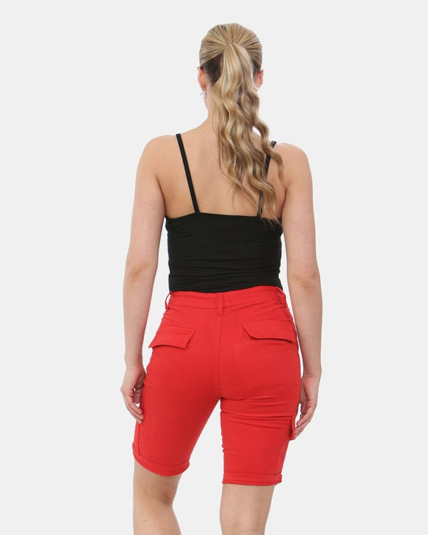 Noroze Red Turned Hem Bengaline Casual Shorts