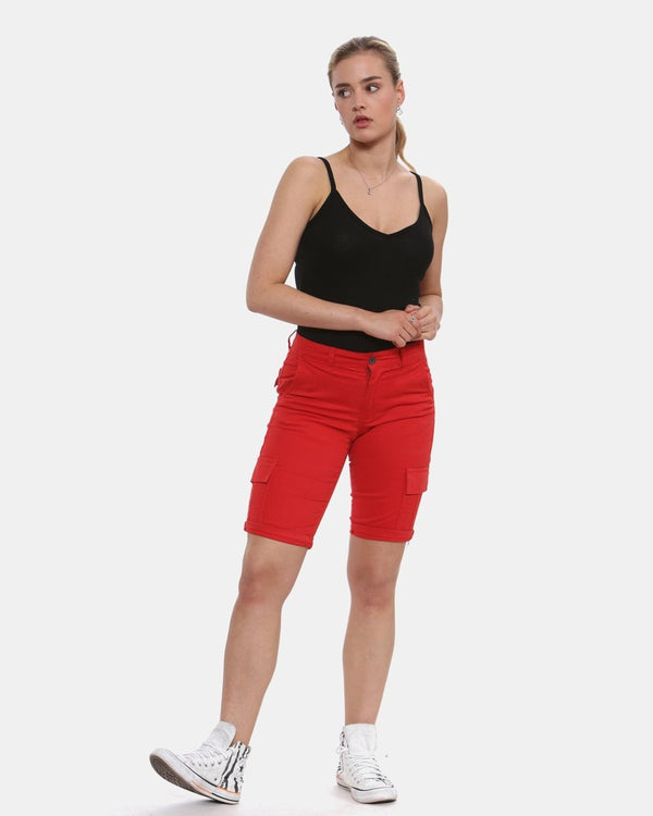 Noroze Red Turned Hem Bengaline Casual Shorts