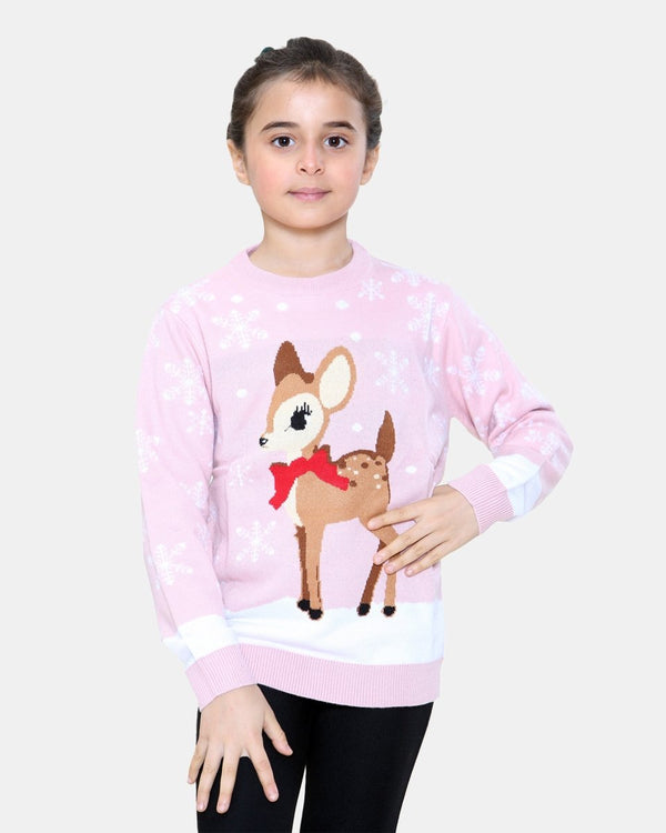 noroze Reindeer Pink Girls Christmas Jumper