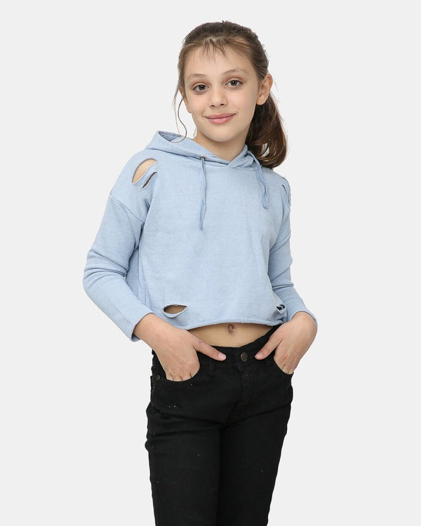 noroze Ripped Dusk Blue Girl's Long-Sleeve Hoodie