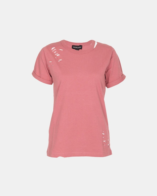 Noroze Rust Ripped Holes Rounded Neck T-Shirt