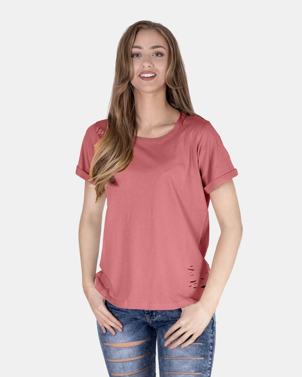 noroze Rust Ripped Holes Rounded Neck T-Shirt