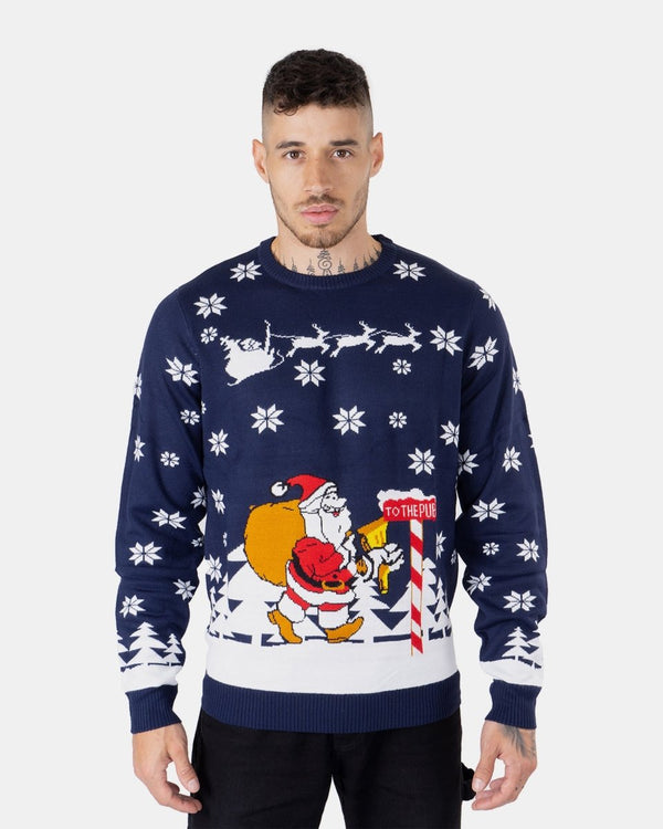noroze Santa to the Pub Navy Novelty Jumpers