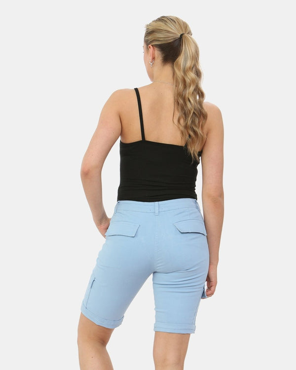 Noroze Sky Blue Turned Hem Bengaline Casual Shorts