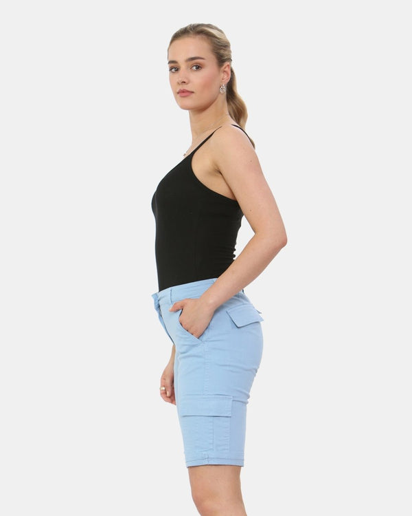 Noroze Sky Blue Turned Hem Bengaline Casual Shorts